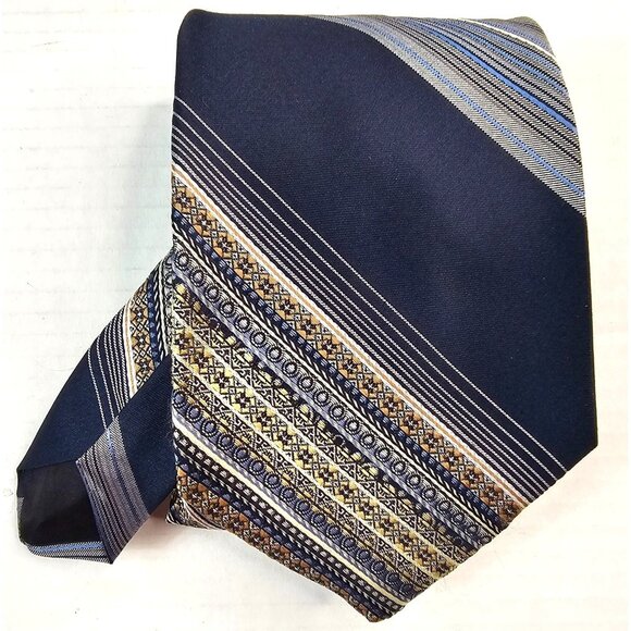 Regal Designer Collection Mens Tie Navy Blue & Gold Striped Pattern Silk - Picture 1 of 7